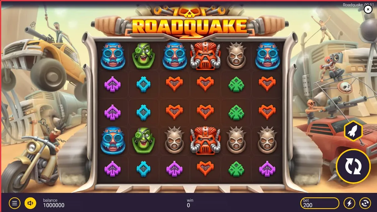 Tampilan visual slot Roadquake dengan tema perang jalanan dan simbol neon yang meledak.